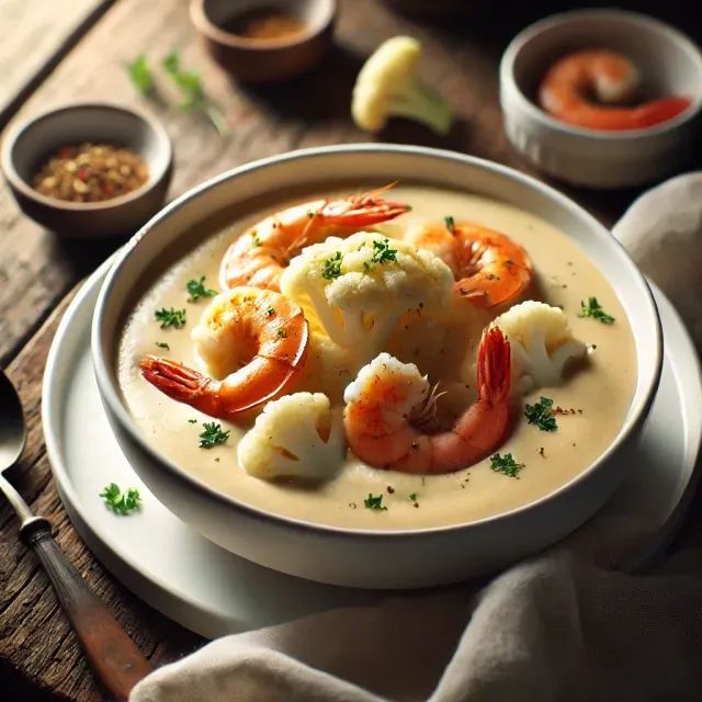 Velouté de Chou-Fleur avec Crevettes Sautées au Beurre kéto