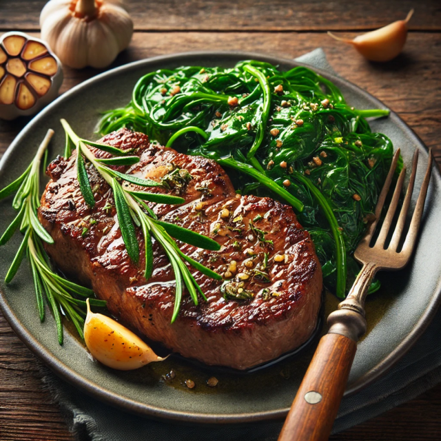 Steak de bœuf à l'ail et épinards sautés kéto