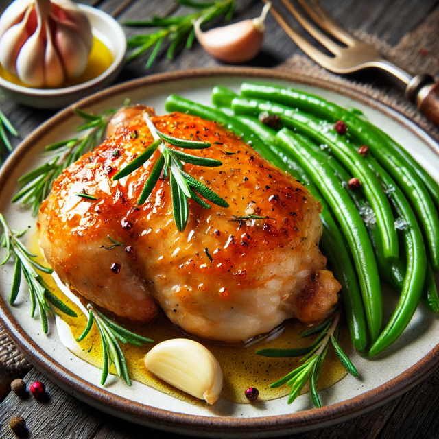 Poulet rôti au beurre avec haricots verts