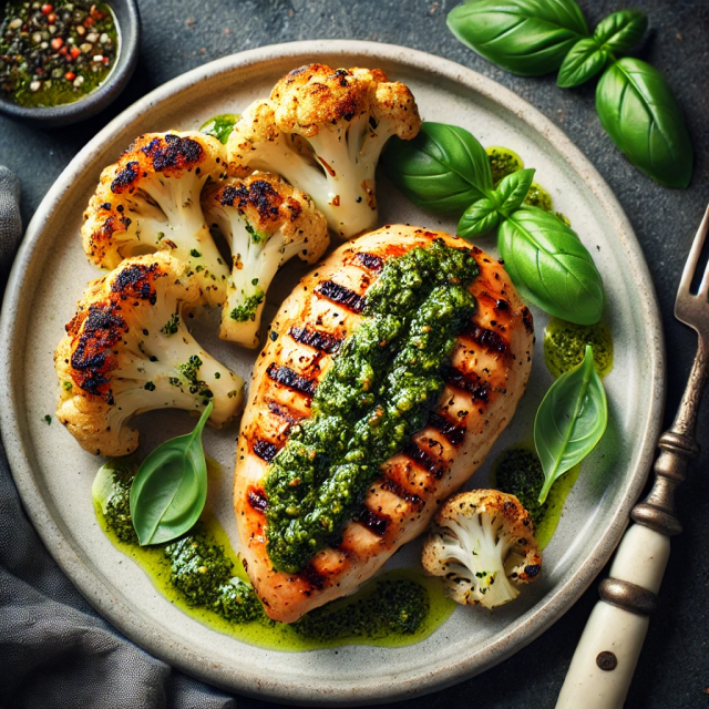 Poitrine de poulet au pesto avec chou-fleur rôti kéto